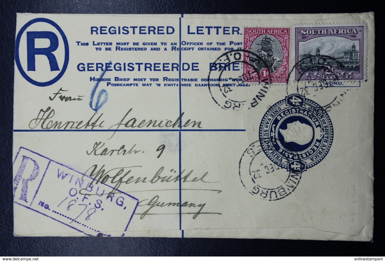 South Africa: Registered Cover WINBURG -> Germany  R6 B 152 * 95 Mm Uprated - Brieven En Documenten