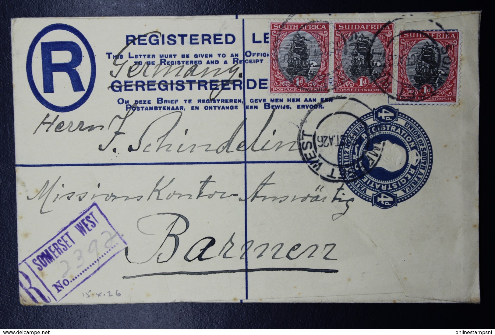 South Africa: Registered Cover Somerset West -> Barmen  R6 B 152 * 95 Mm Uprated - Briefe U. Dokumente