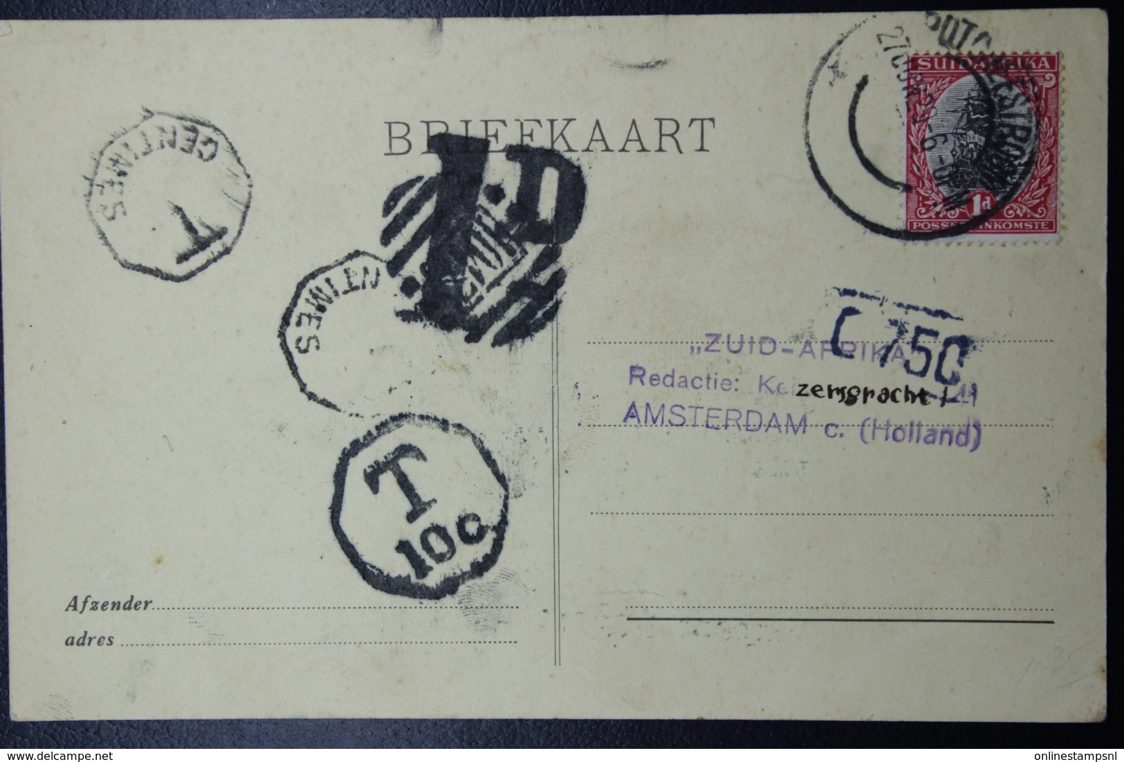 South Africa: Postcard Potchefstroom -> Amsterdam  Taxed Postage Due T 10c And  1 D  1929 - Brieven En Documenten