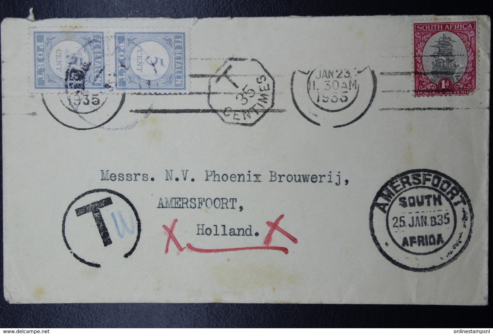 South Africa: Cover-> Amersfoort Holland  Taxed Postage Due T 35c And  2-* 5 Cent  1935 - Briefe U. Dokumente