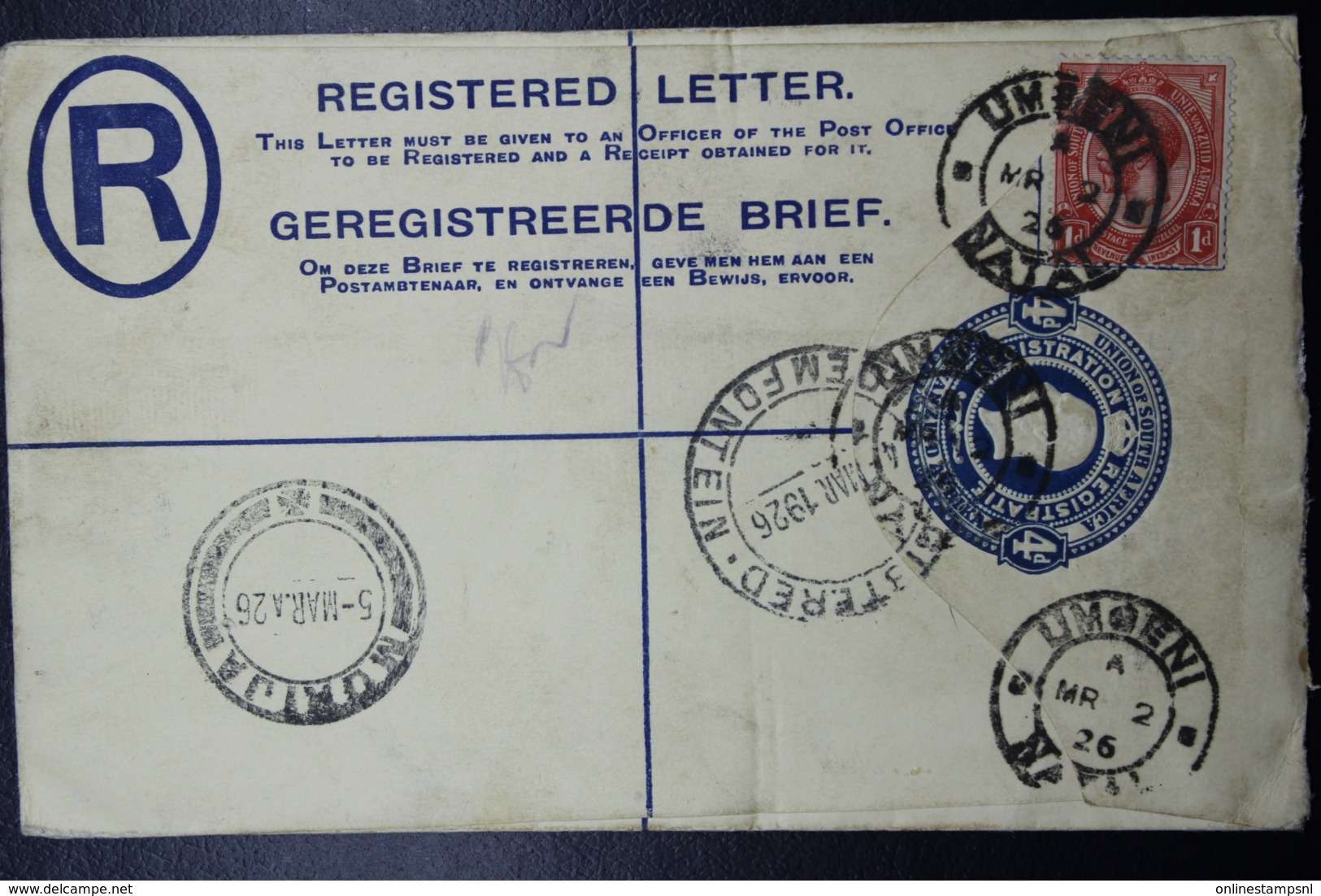 South Africa: Registered Cover UMGENI Natal -> Morija Basutoland 2-3-1926 Uprated Handwritten R Nr Rail662 - Covers & Documents