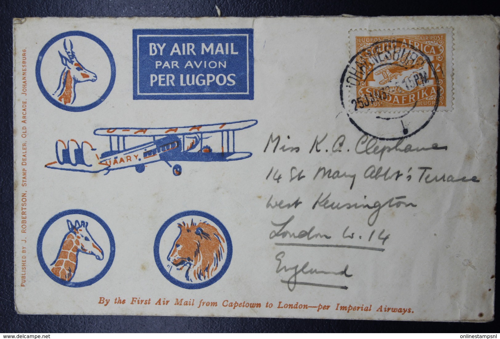 South Africa: Cover Johannesburg -> London First Flight Airmail StampSg 41 Mi 44 25-1-1932 - Covers & Documents