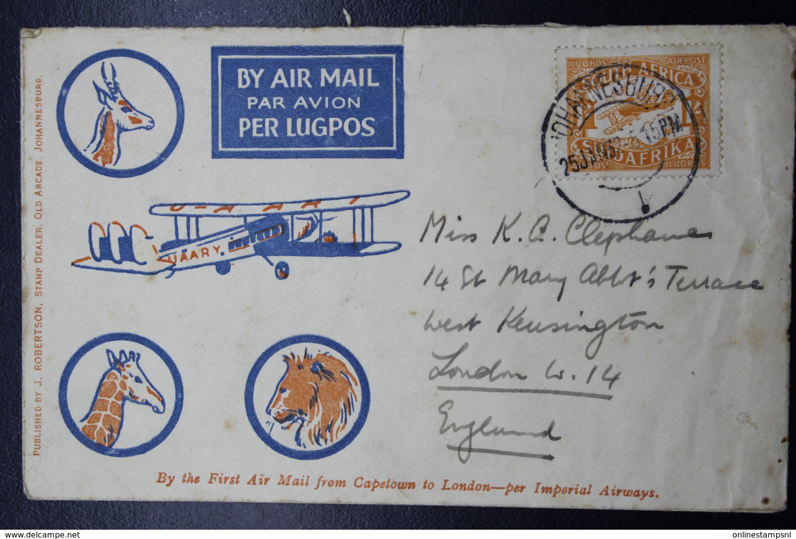 South Africa: Cover Johannesburg -> London First Flight Airmail StampSg 41 Mi 44 25-1-1932 - Briefe U. Dokumente