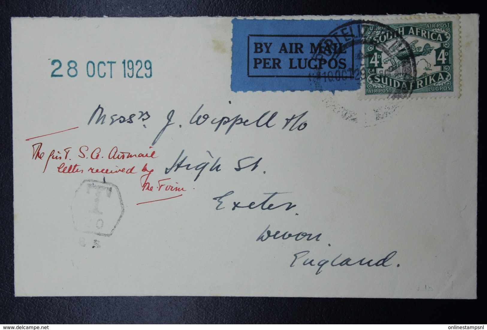 South Africa: Airmail Cover Port Elizabeth -> Exeter UK  10-10-1929 Taxed - Cartas