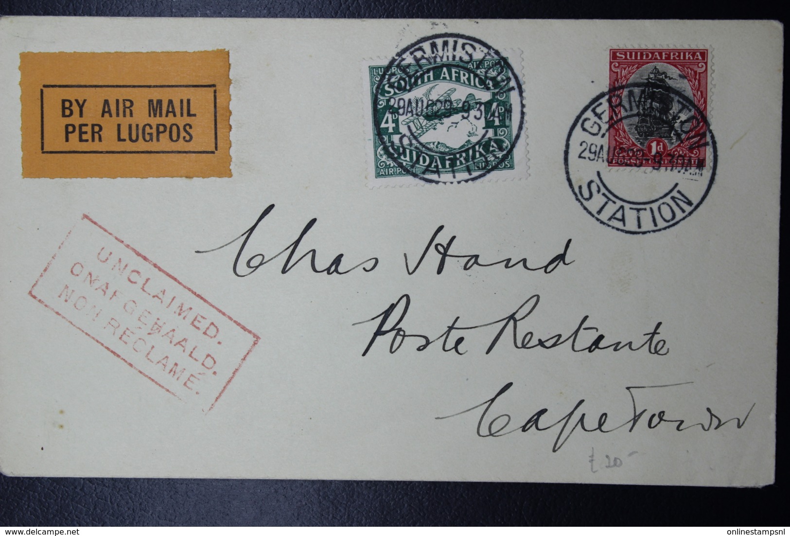 South Africa: Airmail Cover Germiston Station -> Cape Town Poste Restante Unclaimed Cancel 29-8-1929 - Storia Postale