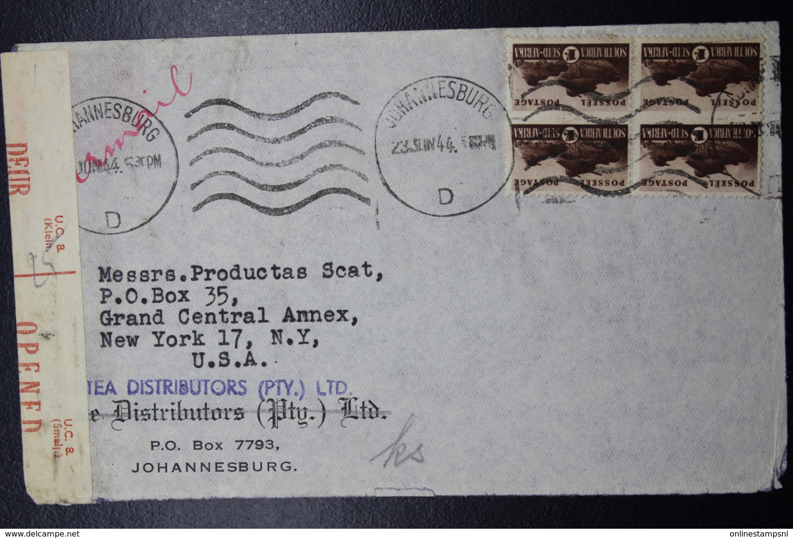 South Africa: Censored CoverJohannesburg -> New York 23-6-1944  Sg 102 - Brieven En Documenten