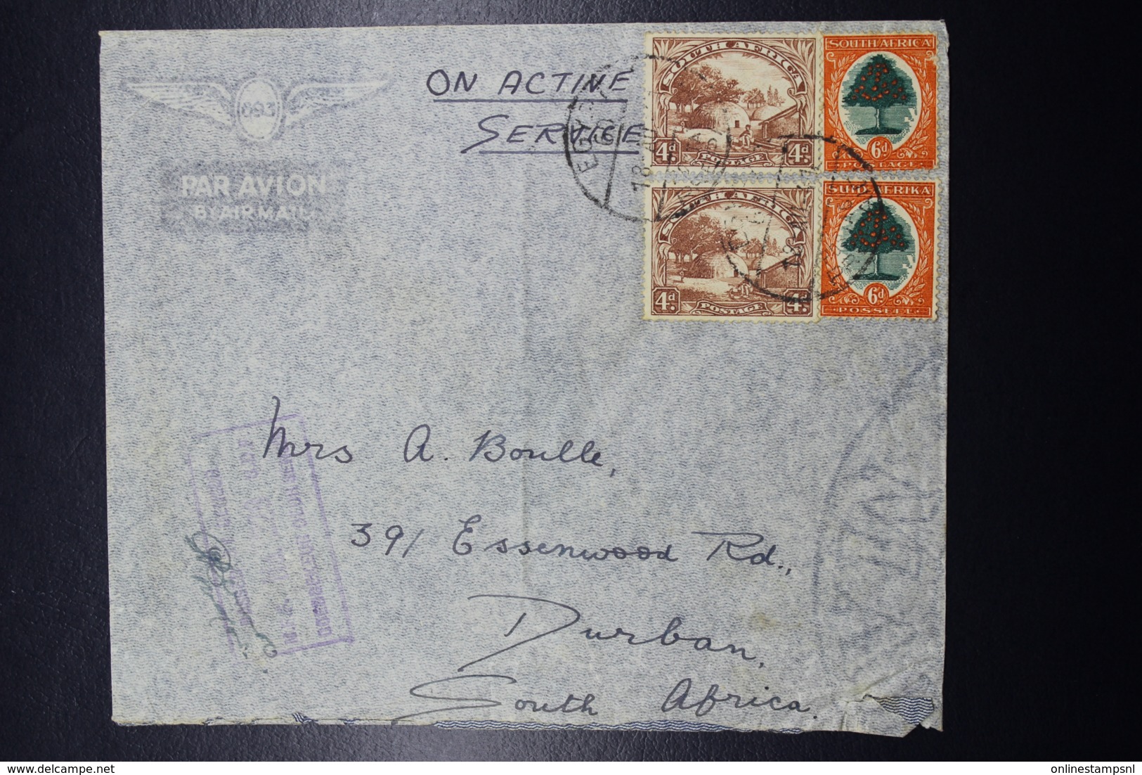 South Africa: Airmail Cover With Egyptian Cancel On SG 46 - 61 To Durban Censored On Active Service 1941 - Lettres & Documents