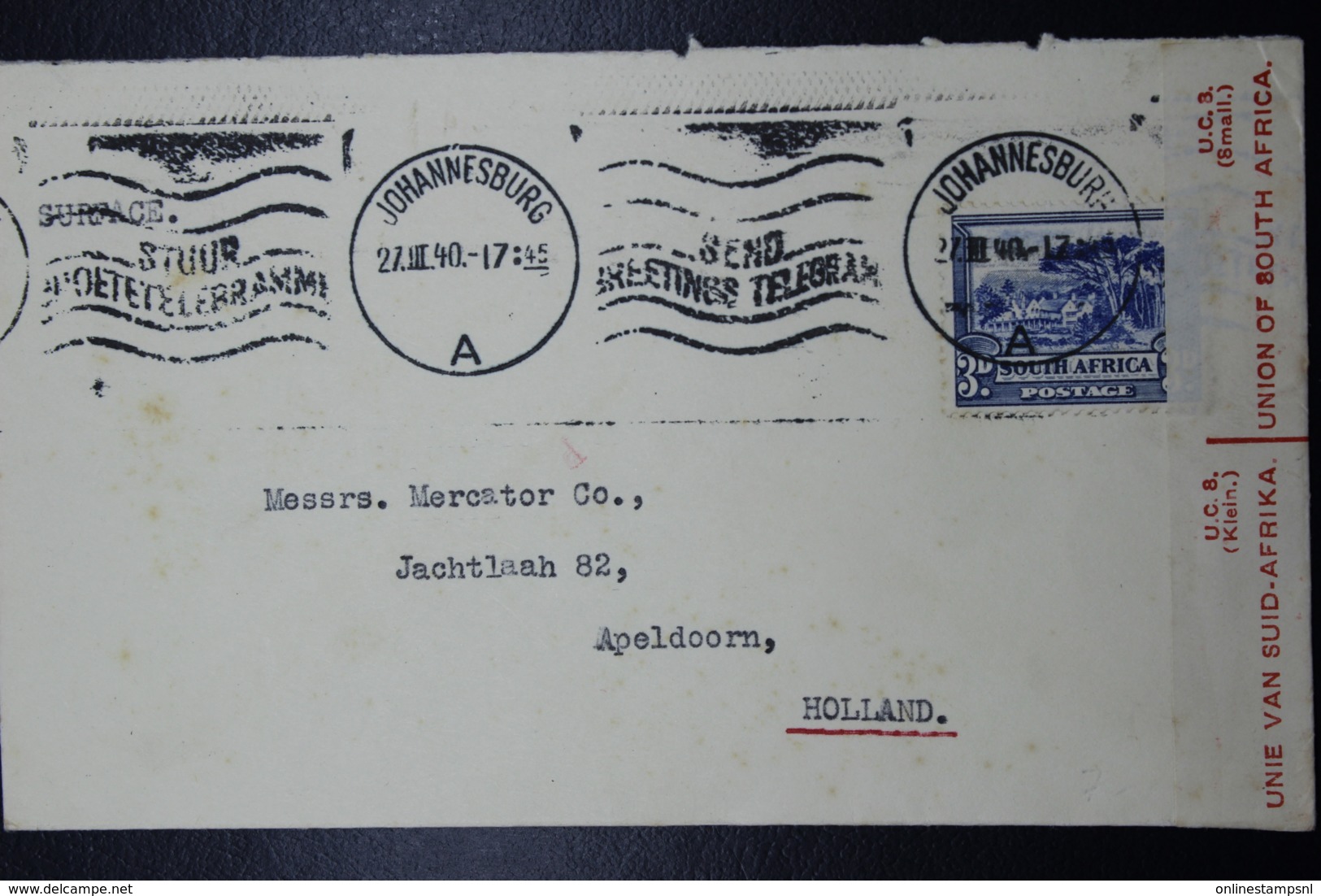 South Africa: Censored Cover Johannesburg -> Apeldoorn Holland, 27-3-1940 Sg 59 - Storia Postale