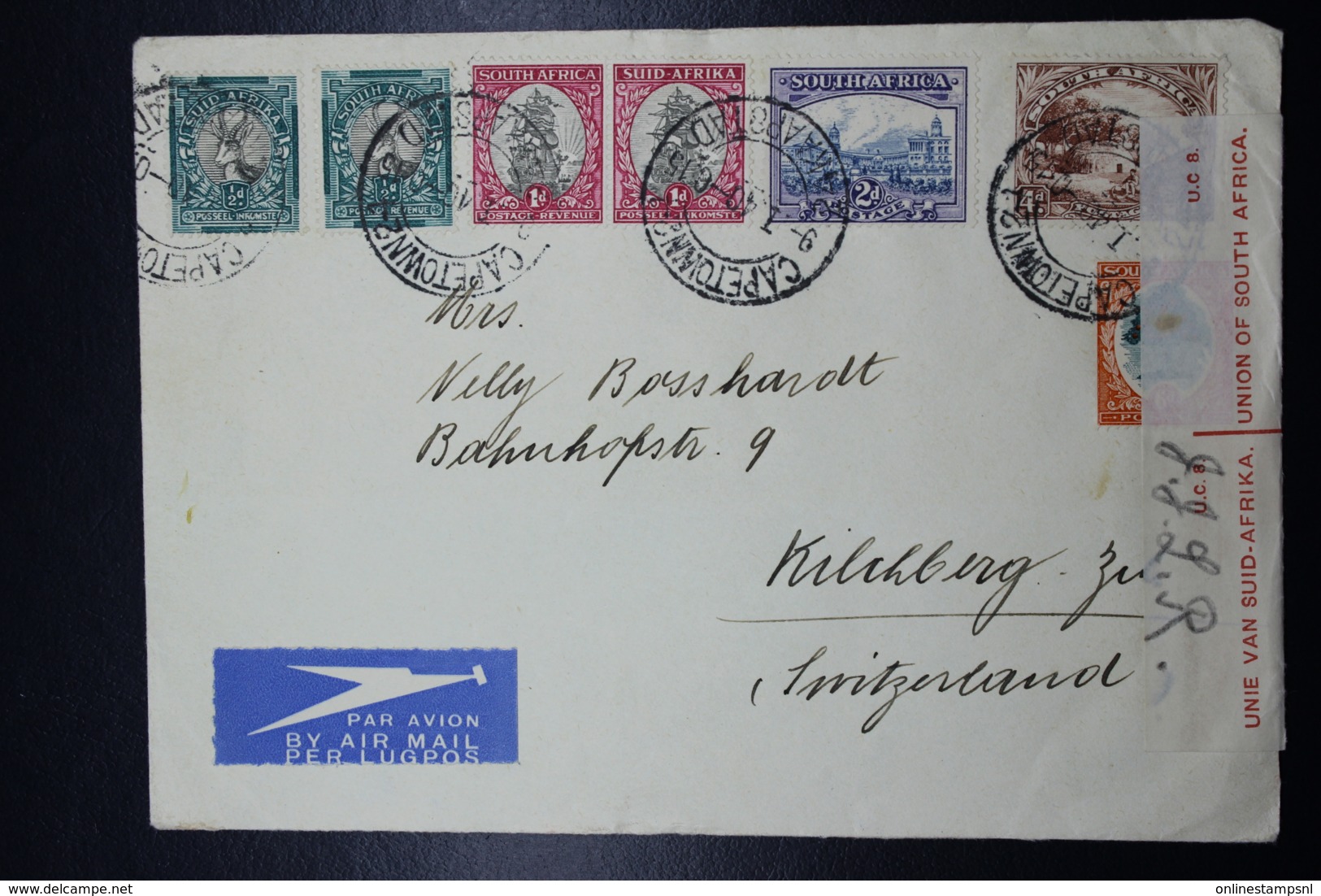 South Africa: Censored Cover Cape Town -> Switserland Mixed Stamps 1940 - Briefe U. Dokumente