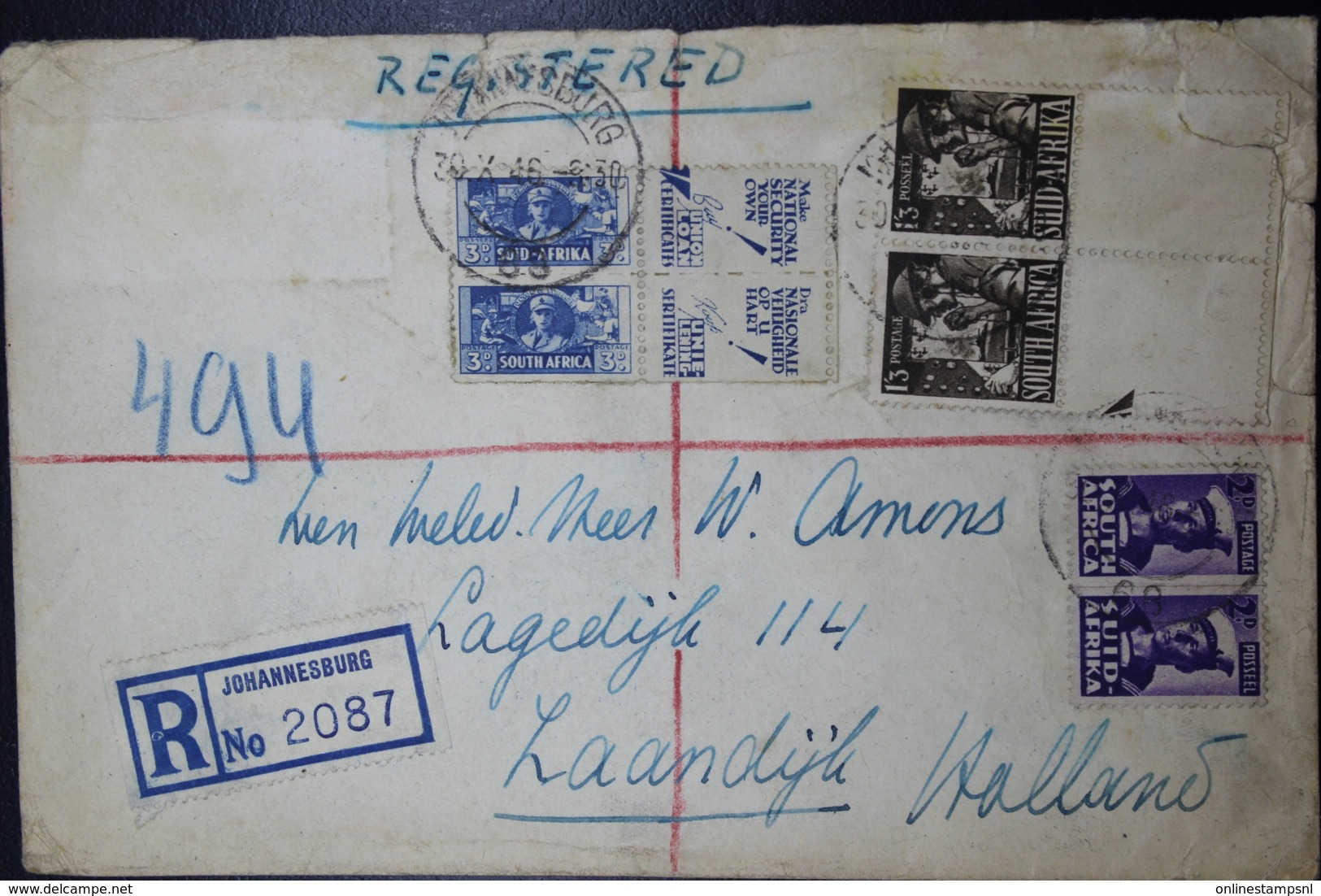 South Africa: Registered Cover Johannesburg -> Zaandijk  Holland  Sg 3 X Pair 1 X Advertisment Labels - Briefe U. Dokumente