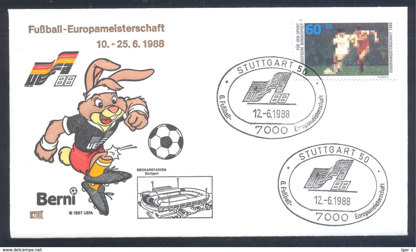 Germany 1988 Cover; Football Soccer Fussball Calcio; UEFA EURO 1988; Berni Mascot; Neckarstadion Stuttgart - Championnat D'Europe (UEFA)