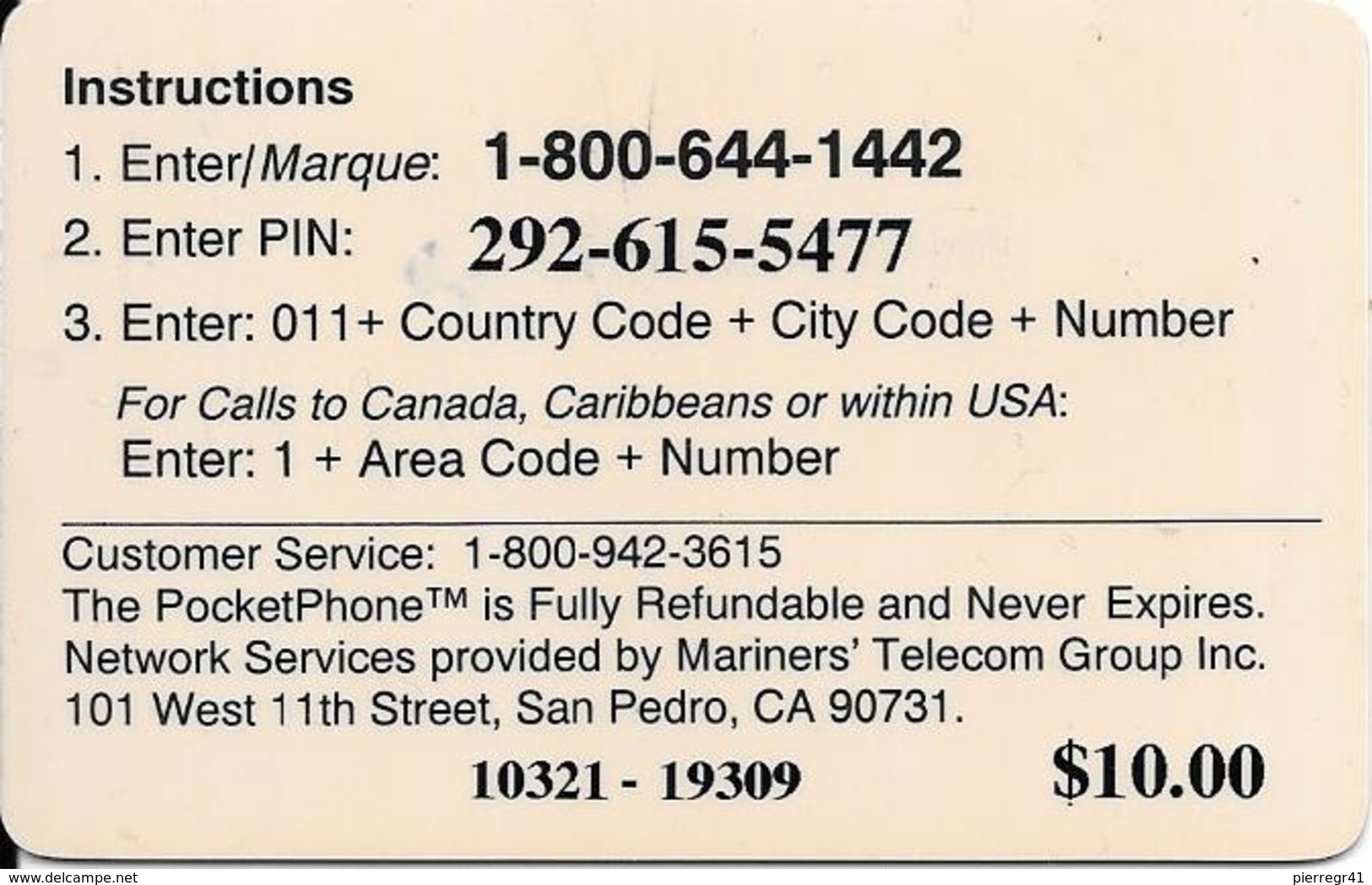 -CARTE-PREPAYEE-USA-10$-POCKET PHONE/ PHONE CARD- -Plastic Epais-TBE - Autres & Non Classés