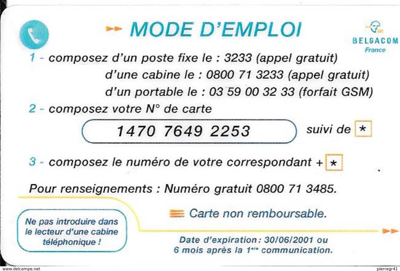 CARTE-PREPAYEE-BELGE-50F-BELGACOM-DG TEL-30/06/2001 -TBE-Tres Leger Impact En Bas--TRES-RARE - Cartes GSM, Recharges & Prépayées