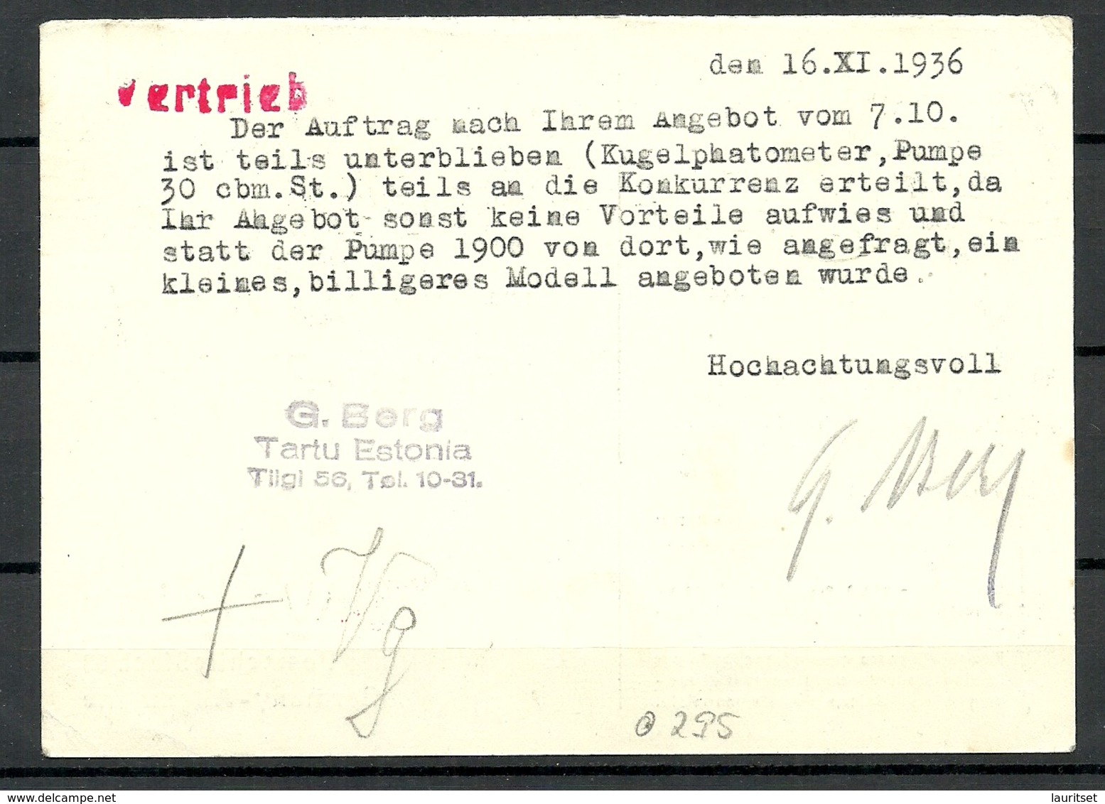 Estland Estonia 1936 Postal Card Response Part Postkarte Antwortteil Response Payee Tartu Nach Wetzlar - Estonie