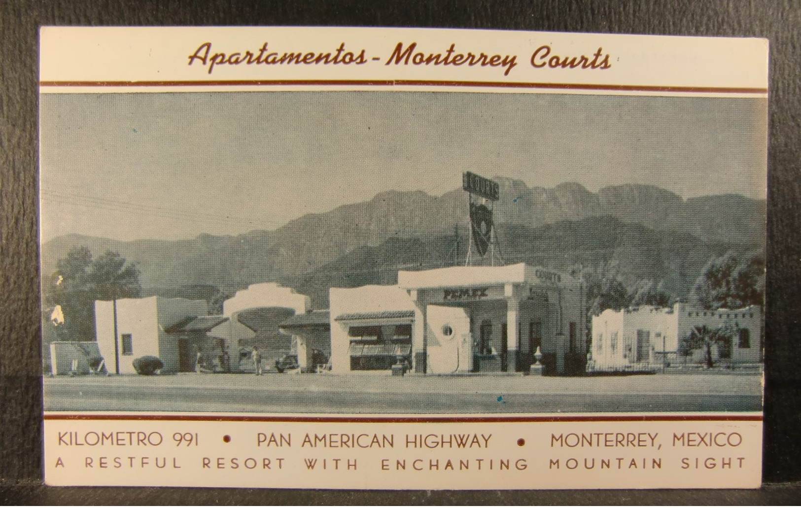 1940s MONTERREY NUEVO LEON MEXICO Resort View PC- Apartamentos Monterrey Courts & PEMEX Gasoline Station - Hotels & Restaurants