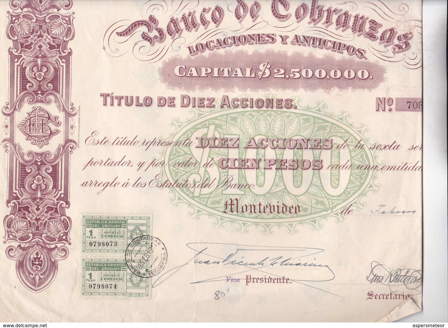 BANCO DE COBRANZAS LOCACIONES Y ANTICIPOS DIEZ ACCIONES AÑO 1919 URUGUAY ACCION ACTION - BLEUP - Banque & Assurance