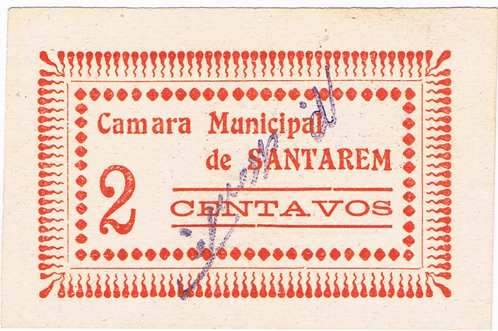 SANTARÉM- CÉDULA DE 2 CENTAVOS DA CÂMARA MUNICIPAL DE SANTARÉM.. - Portugal