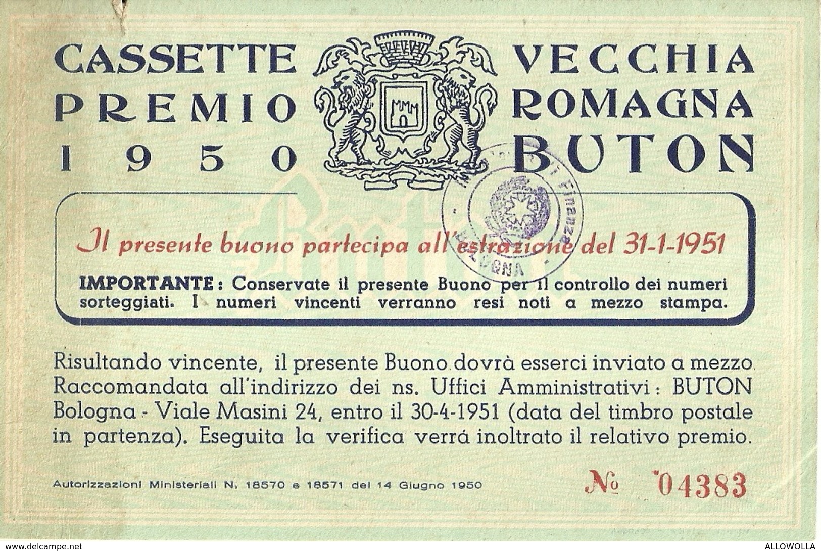 3061 " CASSETTE PREMIO 1950 - VECCHIA ROMAGNA BUTON " COUPON ORIGINALE - Altri & Non Classificati