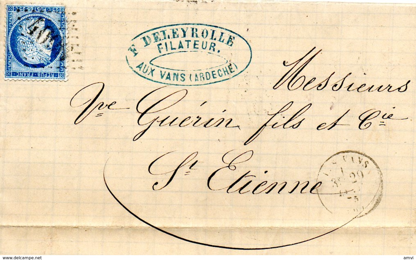 3857 - 25 Centimes Ceres Sur LAC 1875 Cachet GC 4096 Les Vans Ardeche Cachet DELEYROLLE FILATEUR - 1849-1876: Période Classique