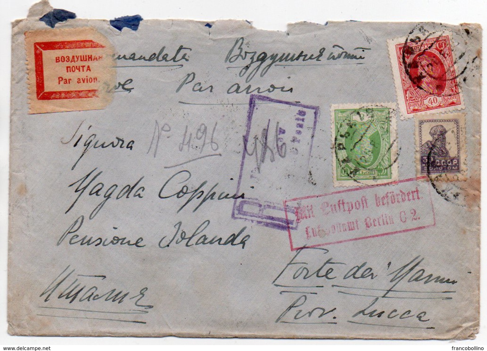 RUSSIA/RUSSIE-REGISTERED AIR MAIL COVER FROM KHARKOV-UKRAINE TO ITALY (FORTE DEI MARMI)1929/CANCEL BERLIN C2 LUFTPOSTAMT - Storia Postale