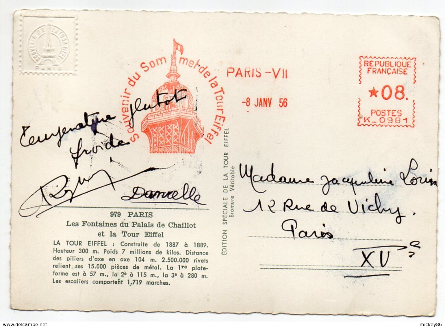 PARIS--1956--EMA  Souvenir Du Sommet De La Tour Eiffel Sur Cpsm 15 X 10  Tour Eiffel--* 08 - Machine N° K 0981 - EMA (Empreintes Machines à Affranchir)