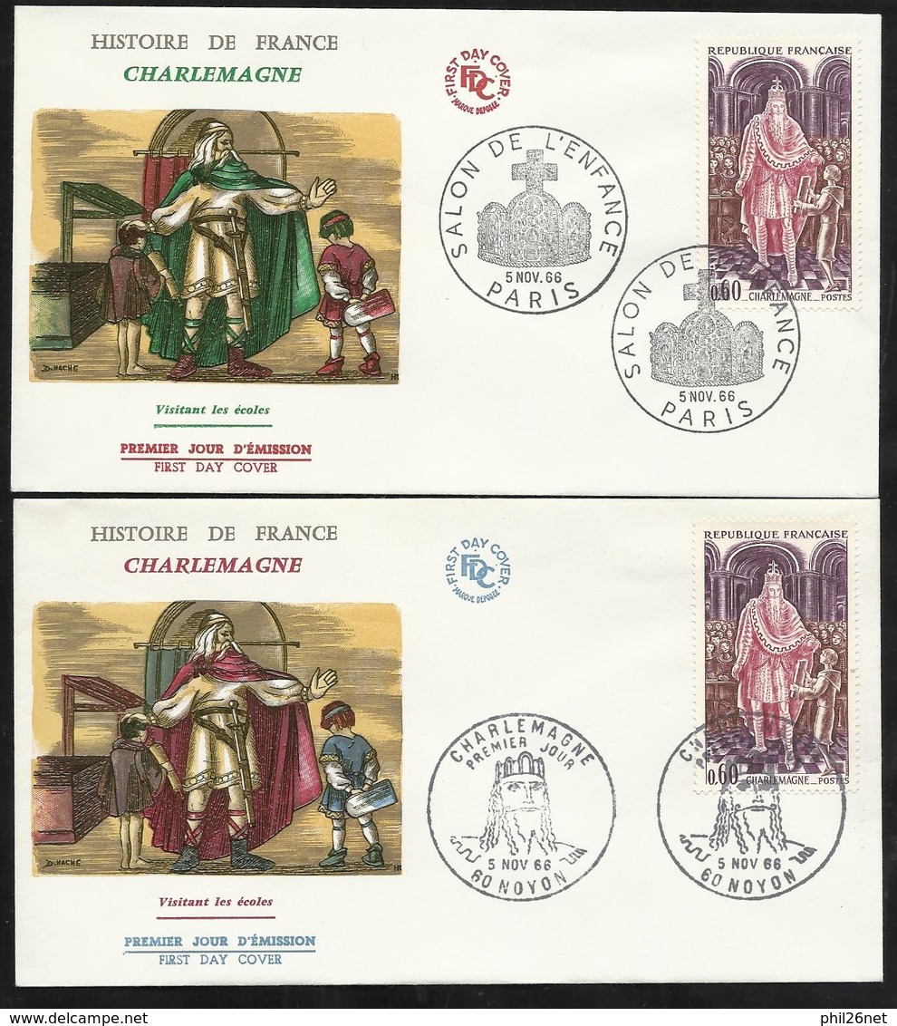 FDC 2 Lettres Illustrées Premier Jour Noyon Et Paris 05/11/1966 N°1497 Charlemagne TB  - 1960-1969