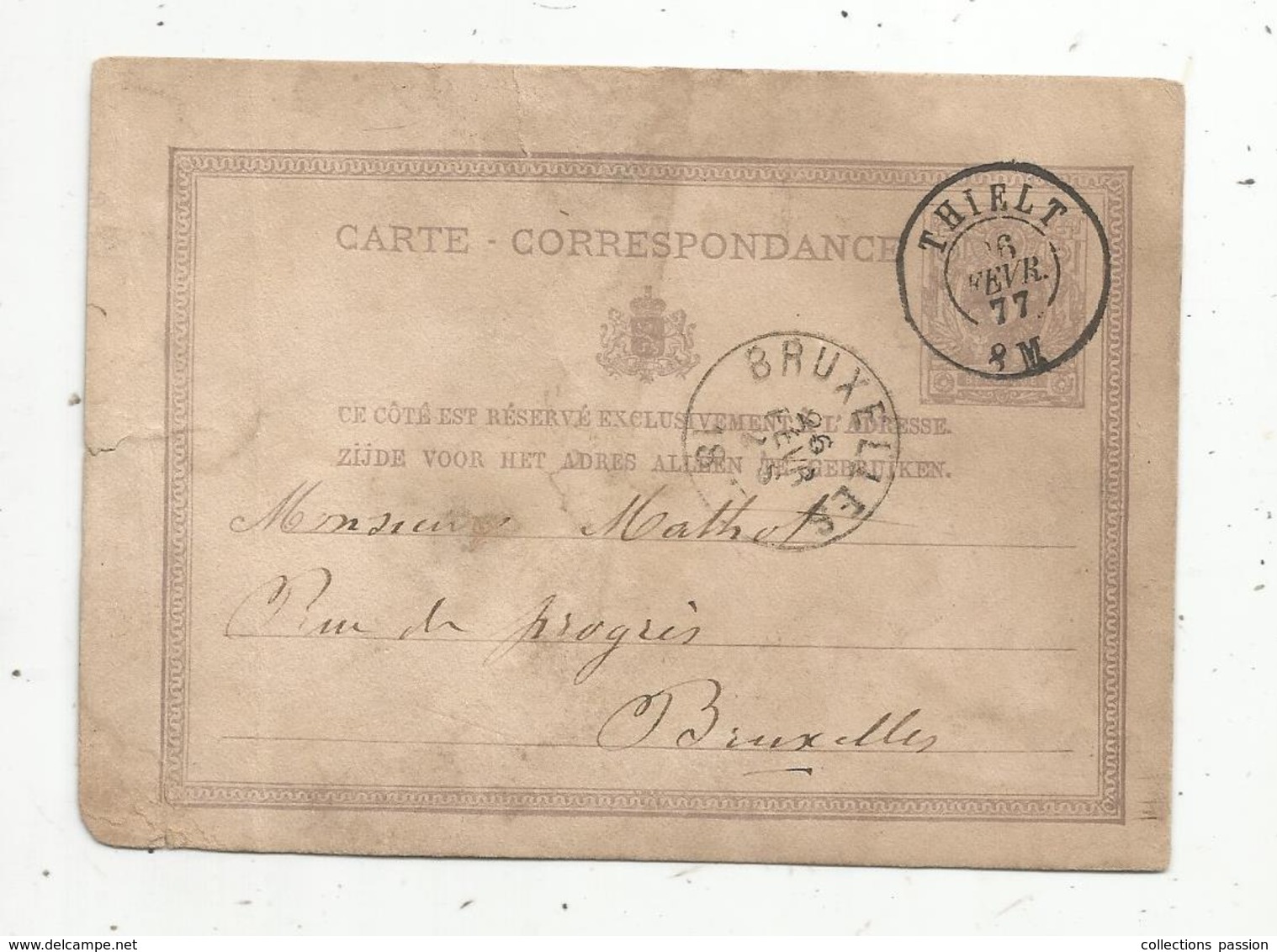 Entier Postal , Belgique, Carte Postale, THIELT , BRUXELLES ,  1877, 2 Scans - Cartes Postales 1871-1909