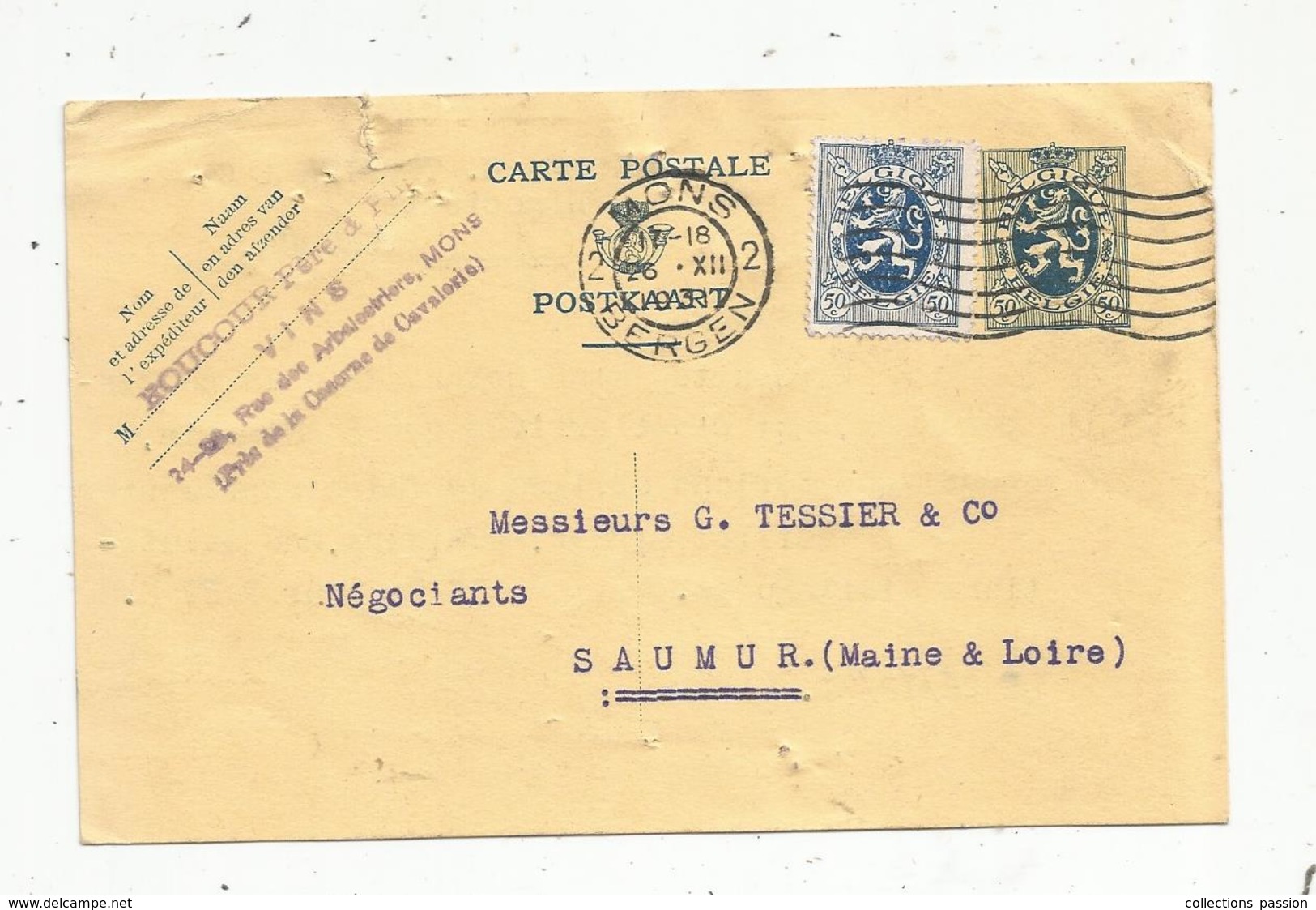 Entier Postal , Belgique, Carte Postale, MONS 2, BERGEN, 1931 , 2 Scans, Houcourt Père & Fils,vins,+ 1 Timbre - Postcards 1909-1934
