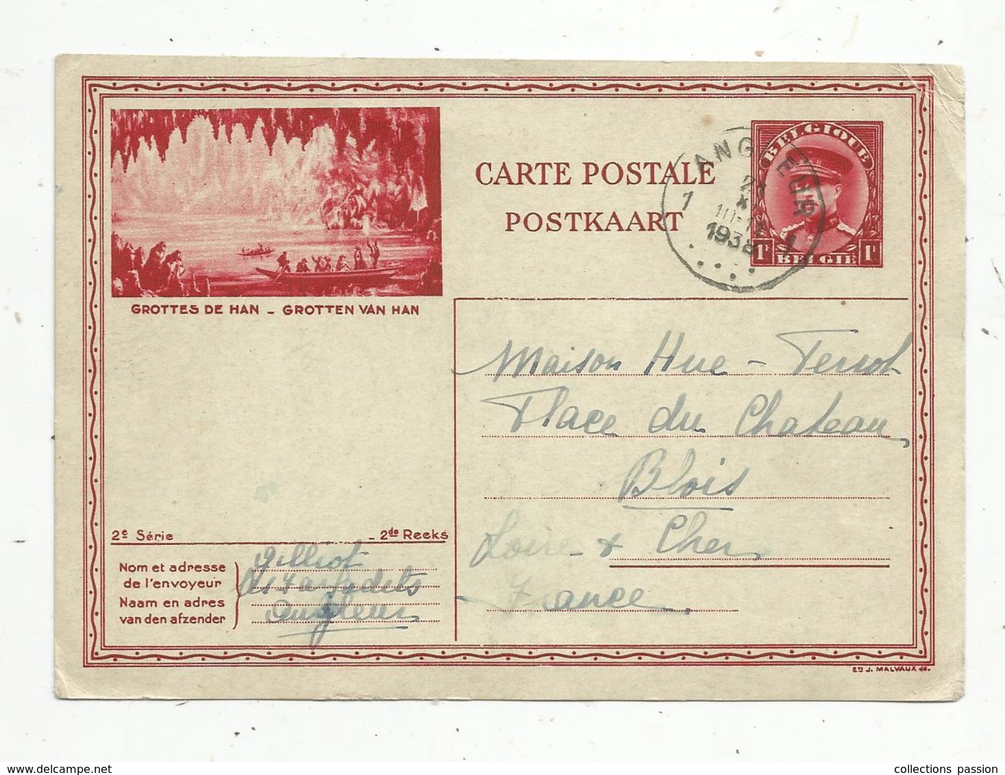 Entier Postal , Belgique, Carte Postale Illustrée , ANGLEUR 1 , 1938 , 3 Scans, Grottes De HAN,  Grotten Van Han - Cartes Postales Illustrées (1971-2014) [BK]