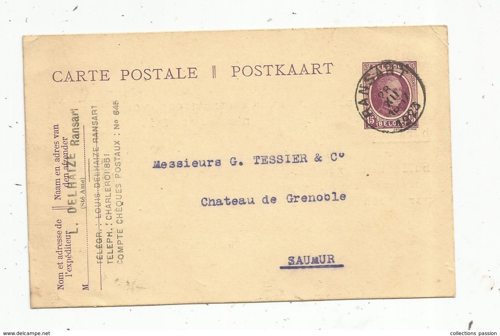 Entier Postal , Belgique, Carte Postale,  RANSART 1923 , L. Delhaize,Sté Ame, 2 Scans - Cartes Postales 1909-1934