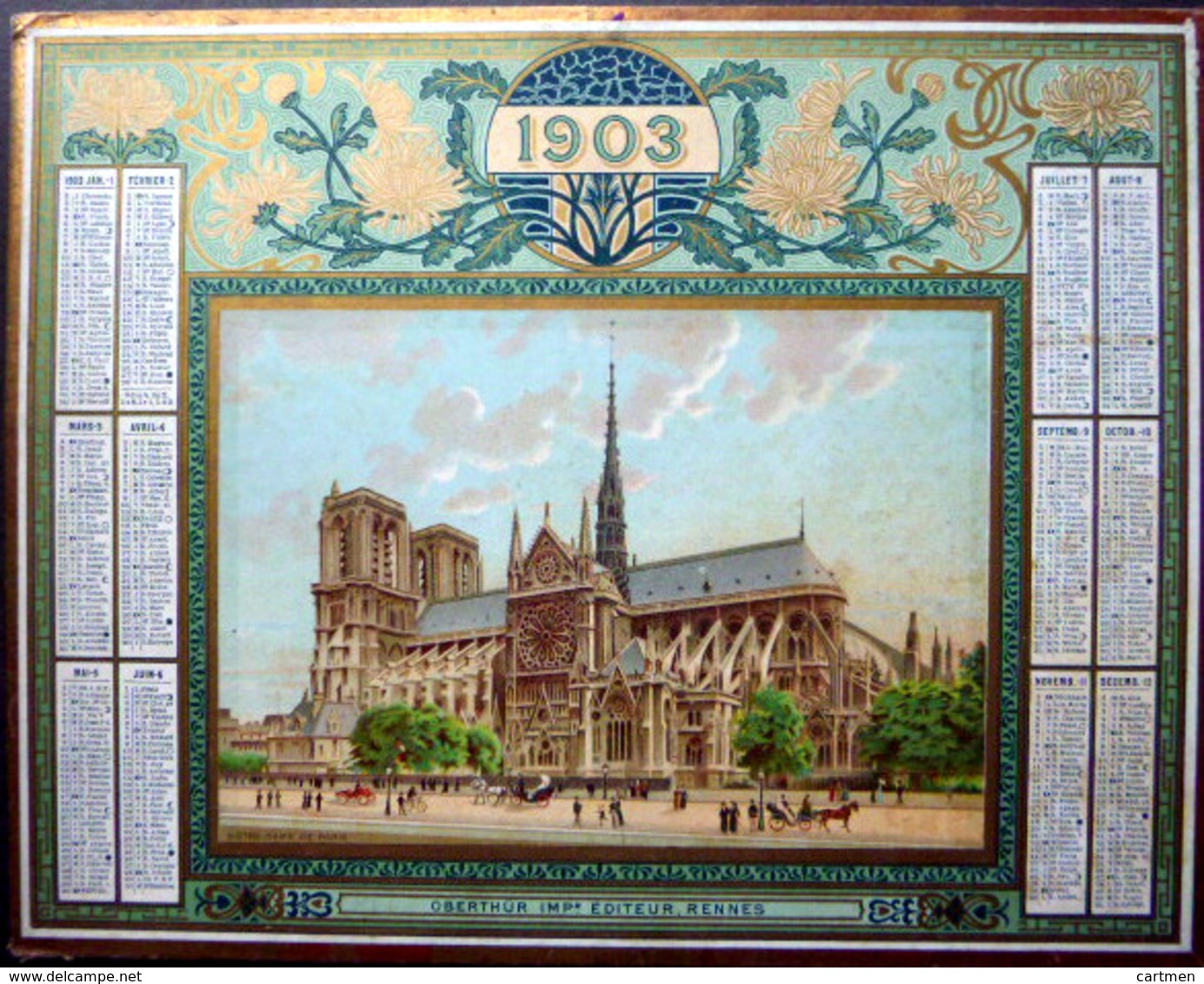 CALENDRIER 1903 DE LA POSTE PTT OBERTHUR NOTRE DAME DE PARIS TRES BON ETAT - Autres & Non Classés