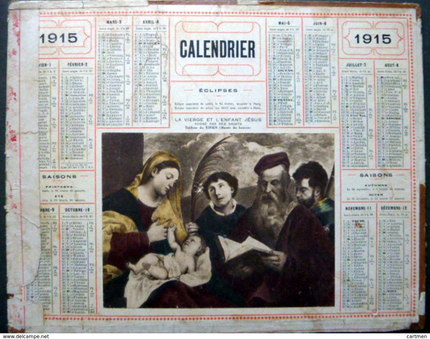 CALENDRIER 1915 DE LA POSTE PTT  ETAT TRES MOYEN LA VIERGE ET L'ENFANT JESUS - Autres & Non Classés