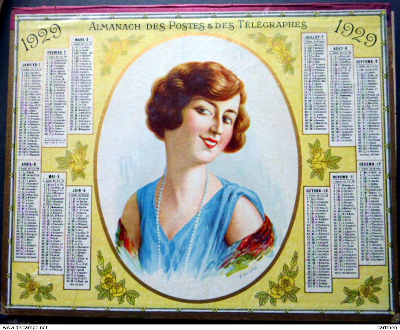 CALENDRIER 1929 DE LA POSTE PTT PORTRAIT JEUNE FILLE  TRES BEL ETAT - Autres & Non Classés