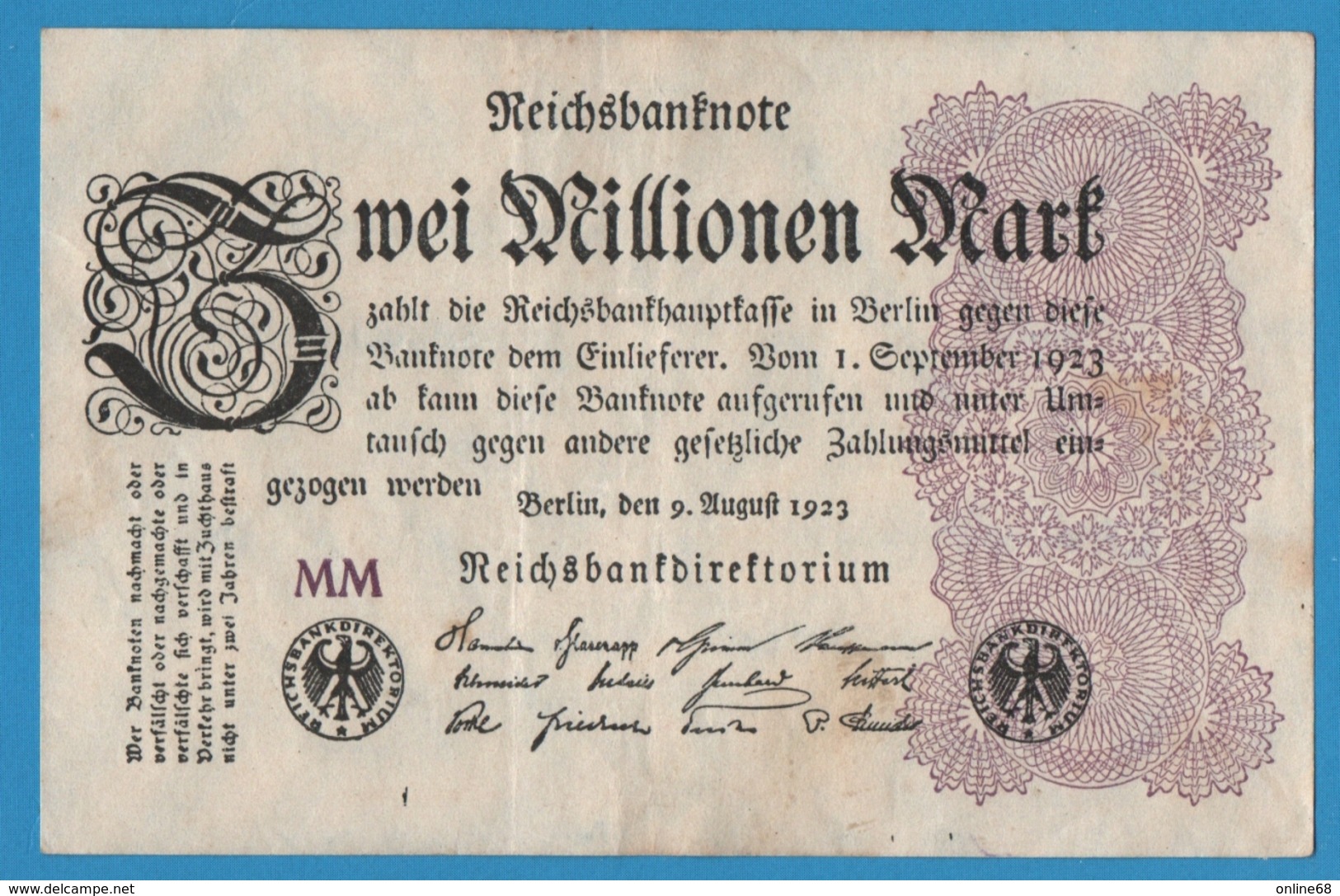 DEUTSCHES REICH 2 Millionen Mark	09.08.1923 Serie# MM  P# 104a - 2 Mio. Mark