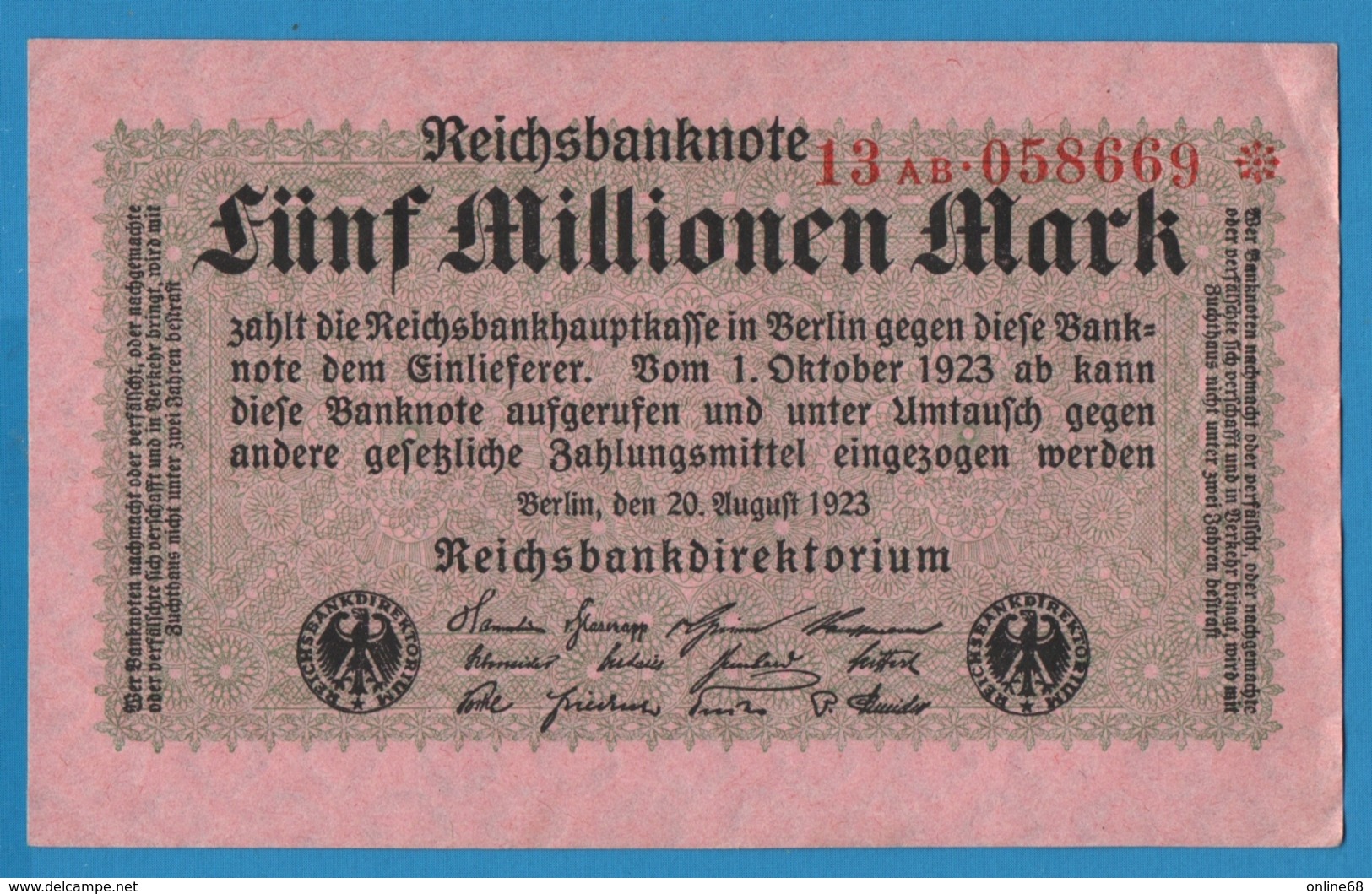 DEUTSCHES REICH 5 Millionen Mark	20.08.1923 Serie# 13AB.058669* P# 105 - 5 Miljoen Mark