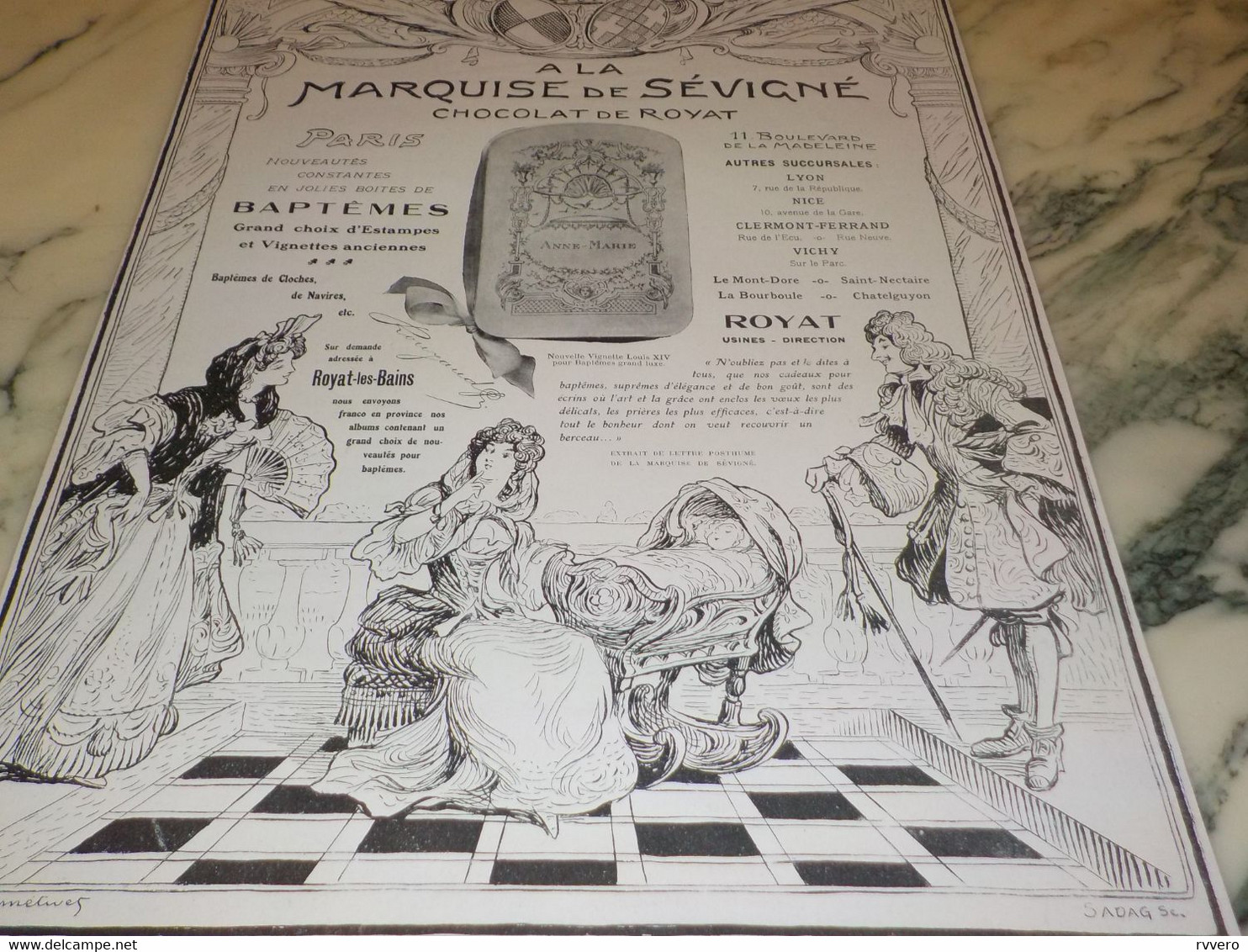 ANCIENNE PUBLICITE  CHOCOLAT DE ROYAT MARQUISE DE SEVIGNE 1910 - Autres & Non Classés