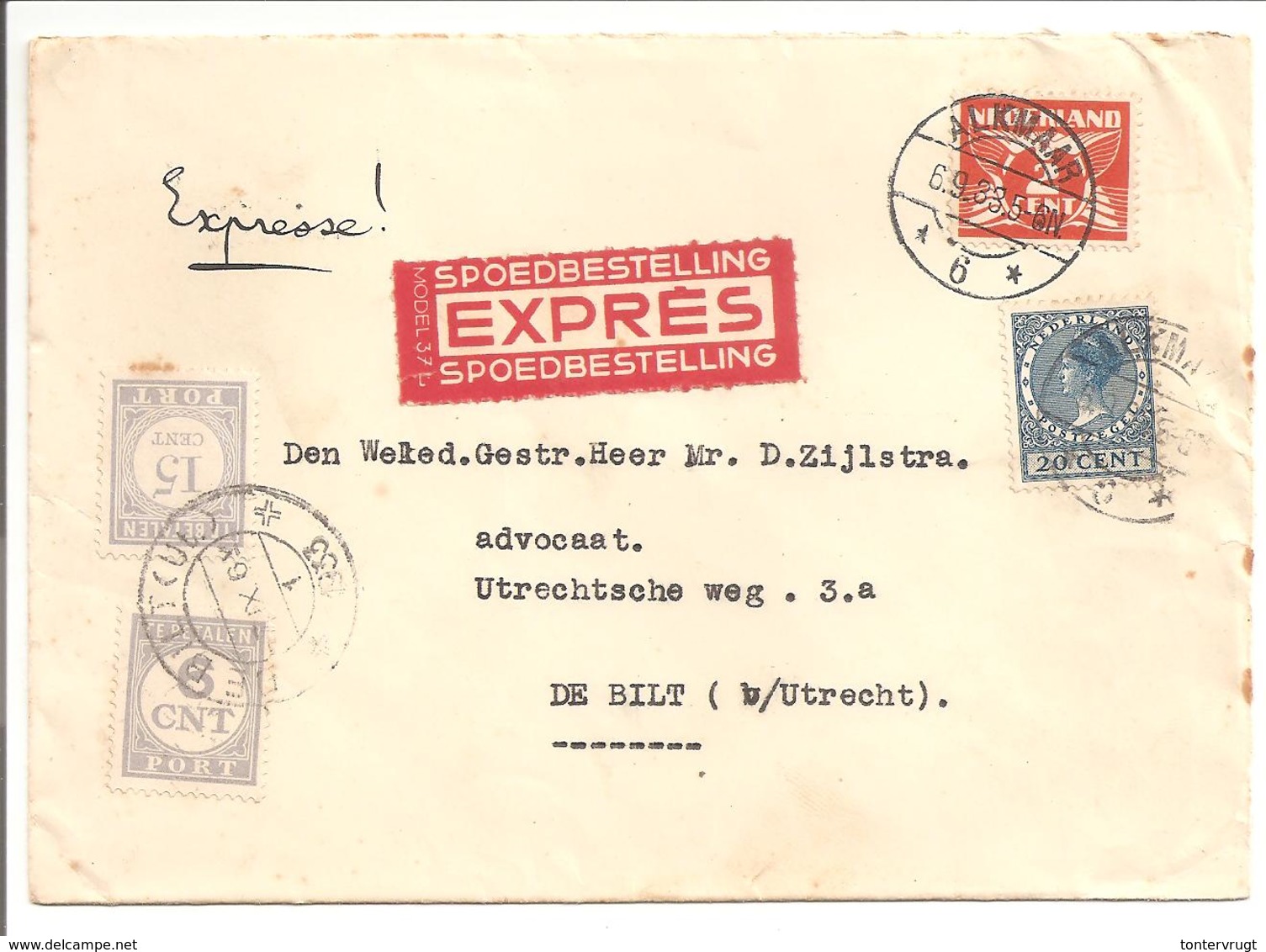 Alkmaar-De Bilt 6.9.33 Expresse + Port Voor Afstandsrecht 21ct - Brieven En Documenten