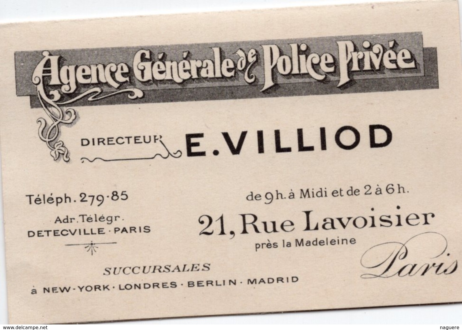 AGENCE GENERALE  POLICE PRIVEE E VILLIOT  PARIS  RENSEIGNEMENTS INTIMES ET CONFIDENCIEL CARTE DOUBLE VOLETS - Cartes De Visite