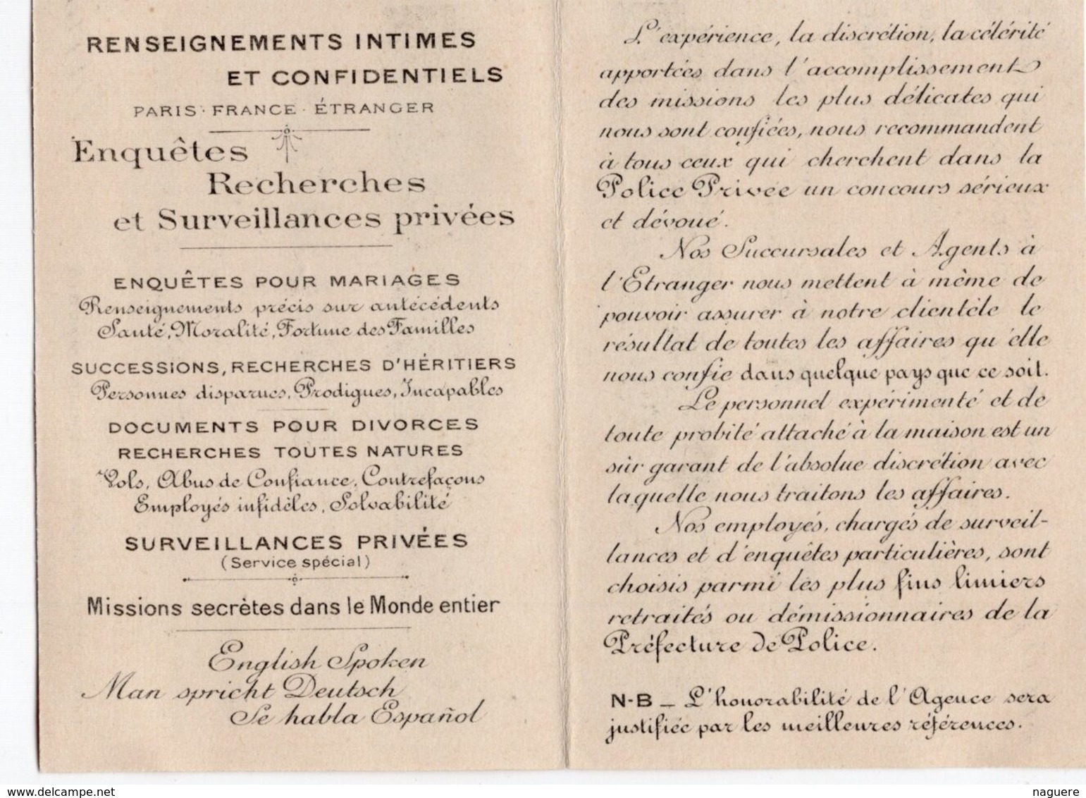 AGENCE GENERALE  POLICE PRIVEE E VILLIOT  PARIS  RENSEIGNEMENTS INTIMES ET CONFIDENCIEL CARTE DOUBLE VOLETS - Cartes De Visite