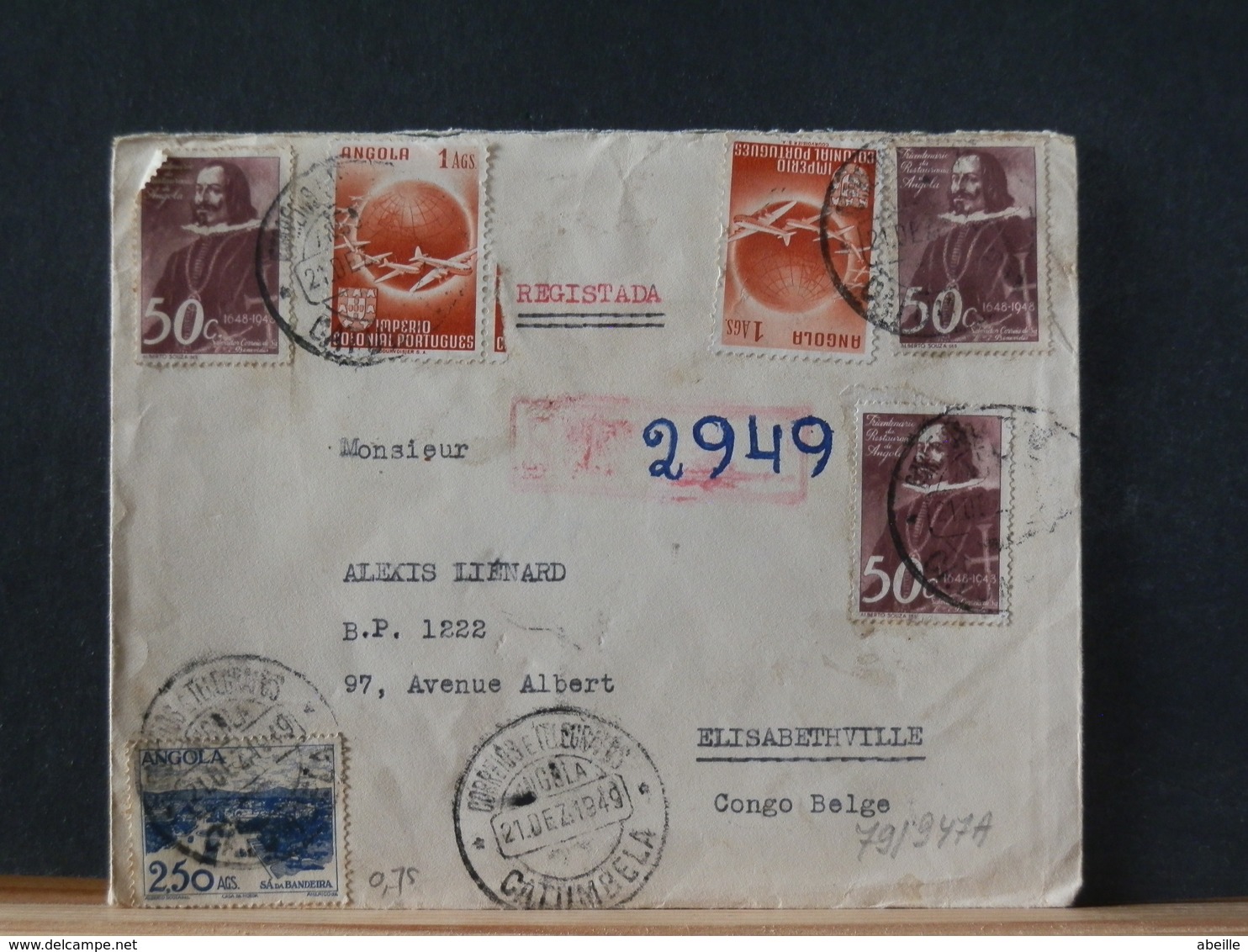 79/947A  REGISTRED LETTER 1949 TO CONGO BELG - Angola