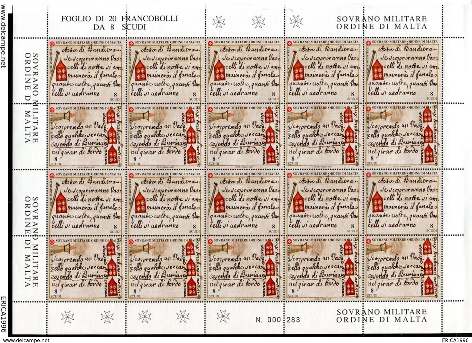 Z1418 SOVRANO MILITARE ORDINE DI MALTA SMOM 2001 Storia Della Marina Dell'Ordine, Foglio Completo, MNH**, Ottime Condizi - Sovrano Militare Ordine Di Malta