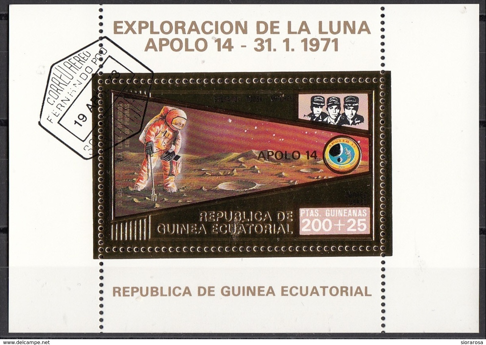 Guinea Equatoriale 1973 Bf. 62 Apollo 14 Gold Art Sheet Astronauti Shepard Roosa Mitchell Perf. - Africa