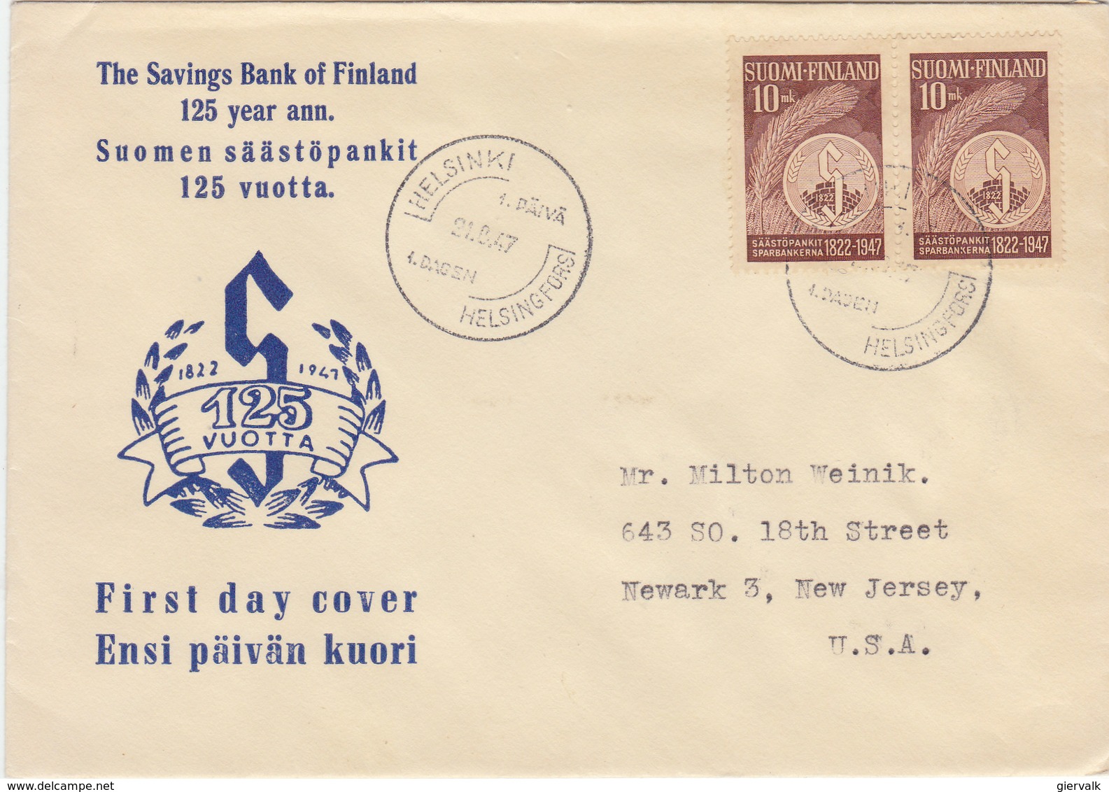 FINLAND 1947 FDC 125 Years Savings Bank Of Finland.BARGAIN.!! - FDC