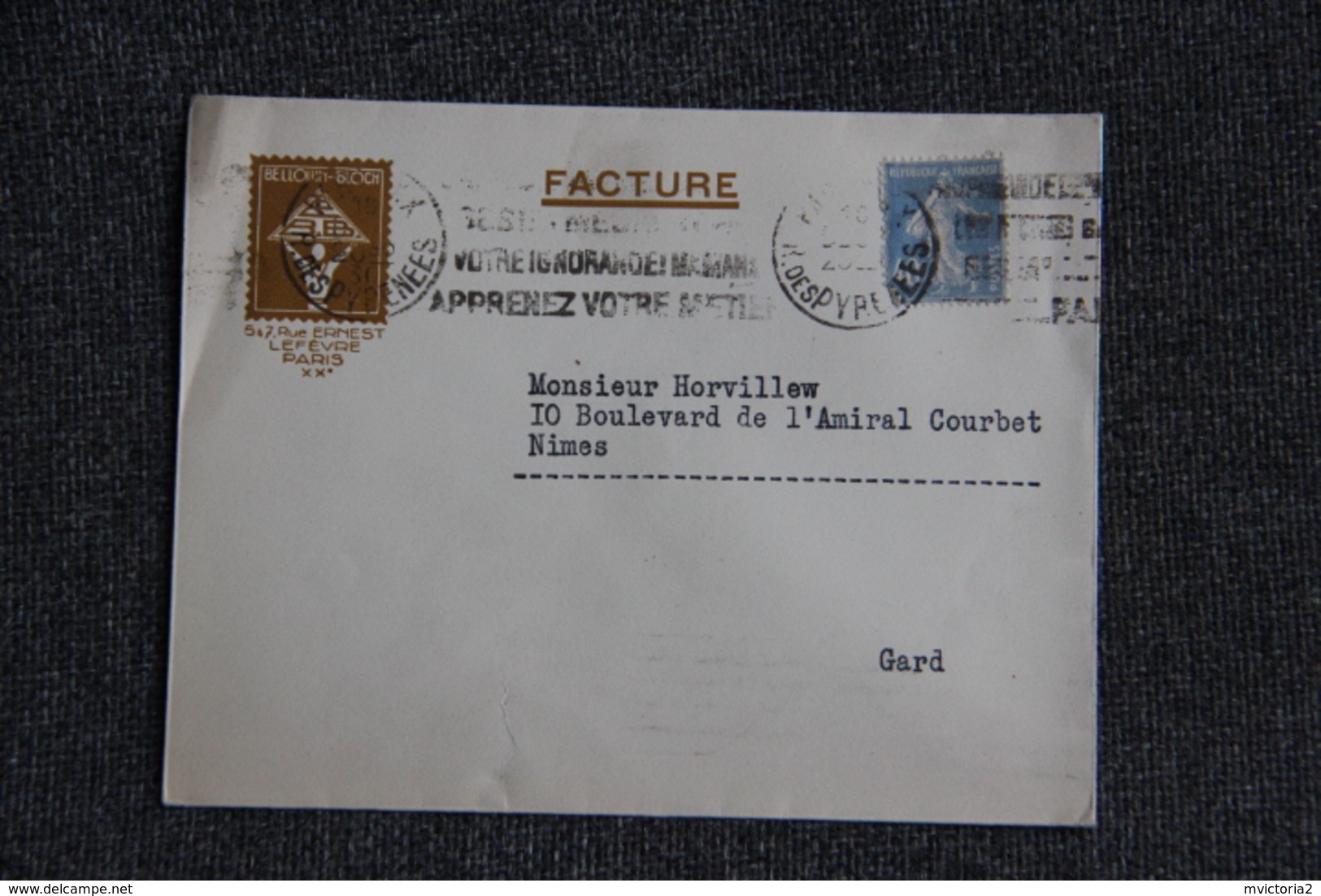 Timbre Sur Lettre Publicitaire - PARIS - BELLOW BLOCK - 1900 – 1949