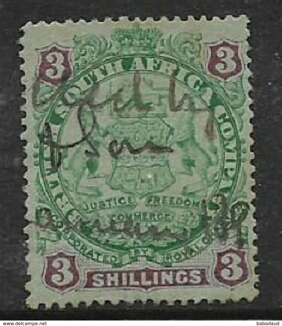 Rhodesia / B.S.A.Co., 1896 - 7, 3/= Green & Mauve On Blue, Fiscally Used - Southern Rhodesia (...-1964)