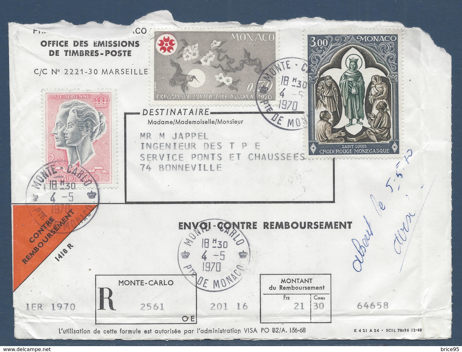 Monaco - YT N° 818, 825 Et PA N° 87 - Lettre Pour Un Envoi Contre Remboursement - 1970 - Brieven En Documenten