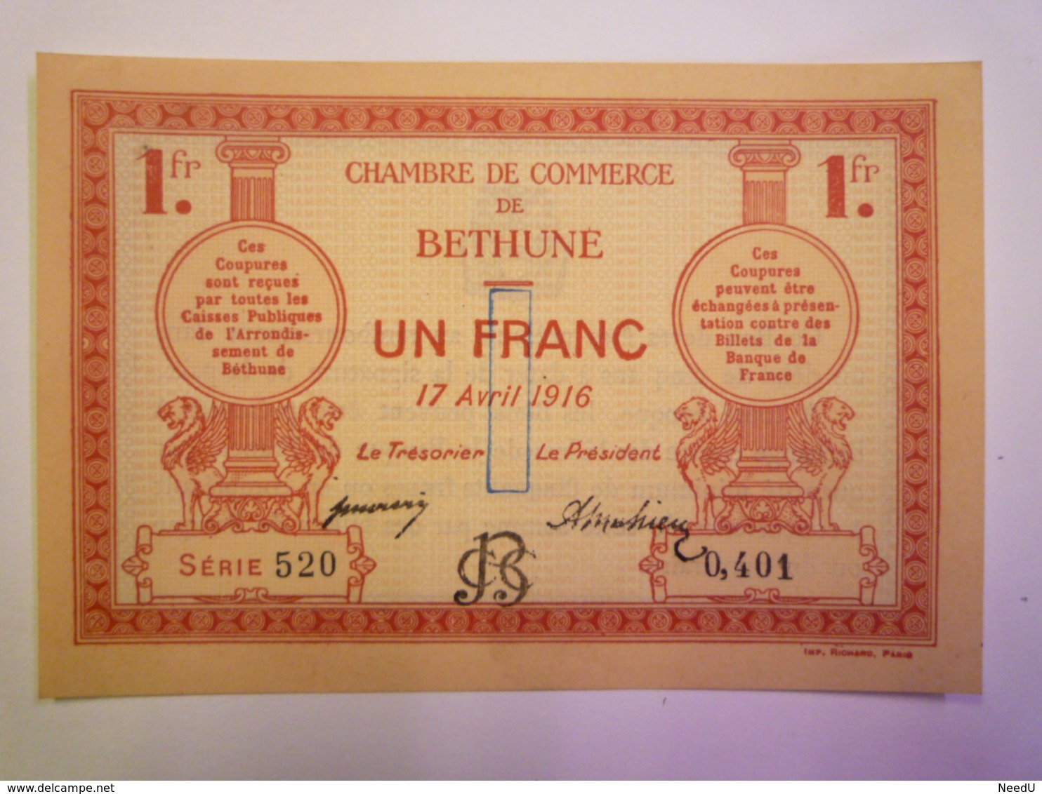 GP 2019 - 656  BILLET De  1F De La Chambre De Commerce De  BETHUNE  Du 17 Avril 1916  (Etat Neuf)   XXXX - Handelskammer