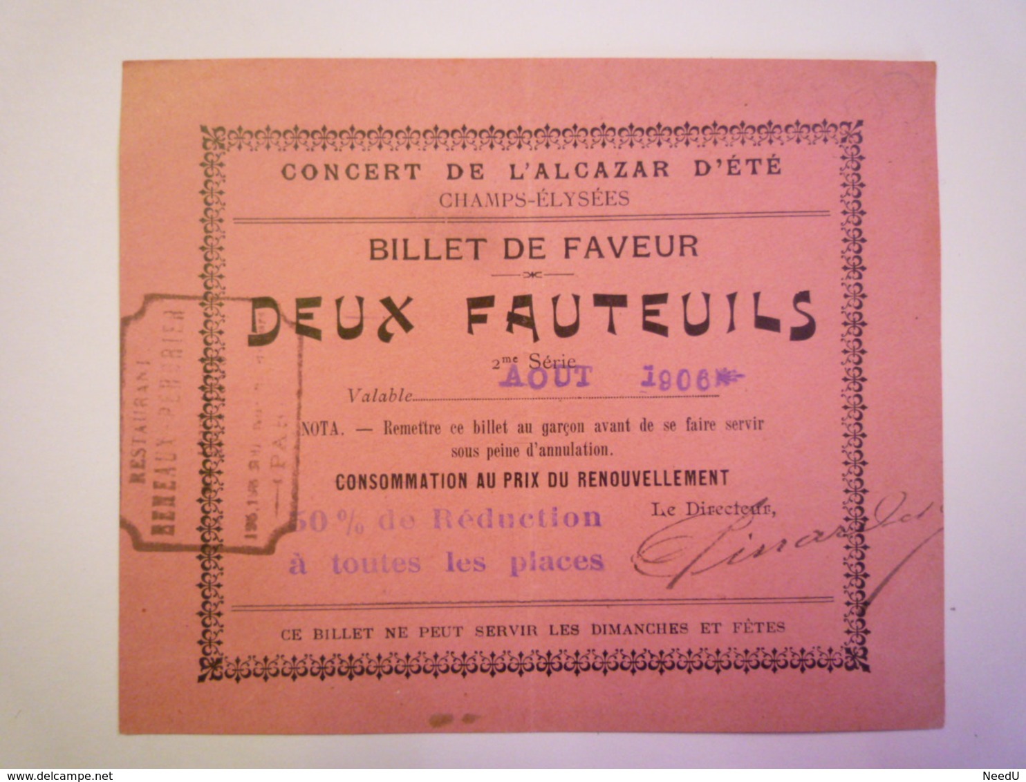 GP 2019 - 657  Concert De L'ALCAZAR D'ETE  -  BILLET De FAVEUR  1906   XXXX - Toegangskaarten