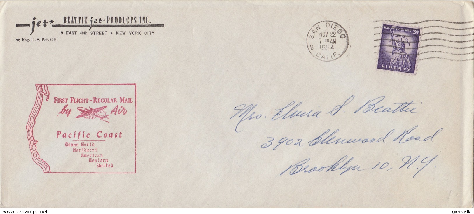 UNITED STATES 1954 First Flight Regular Mail PACIFIC COAST.BARGAIN.!! - 2c. 1941-1960 Brieven