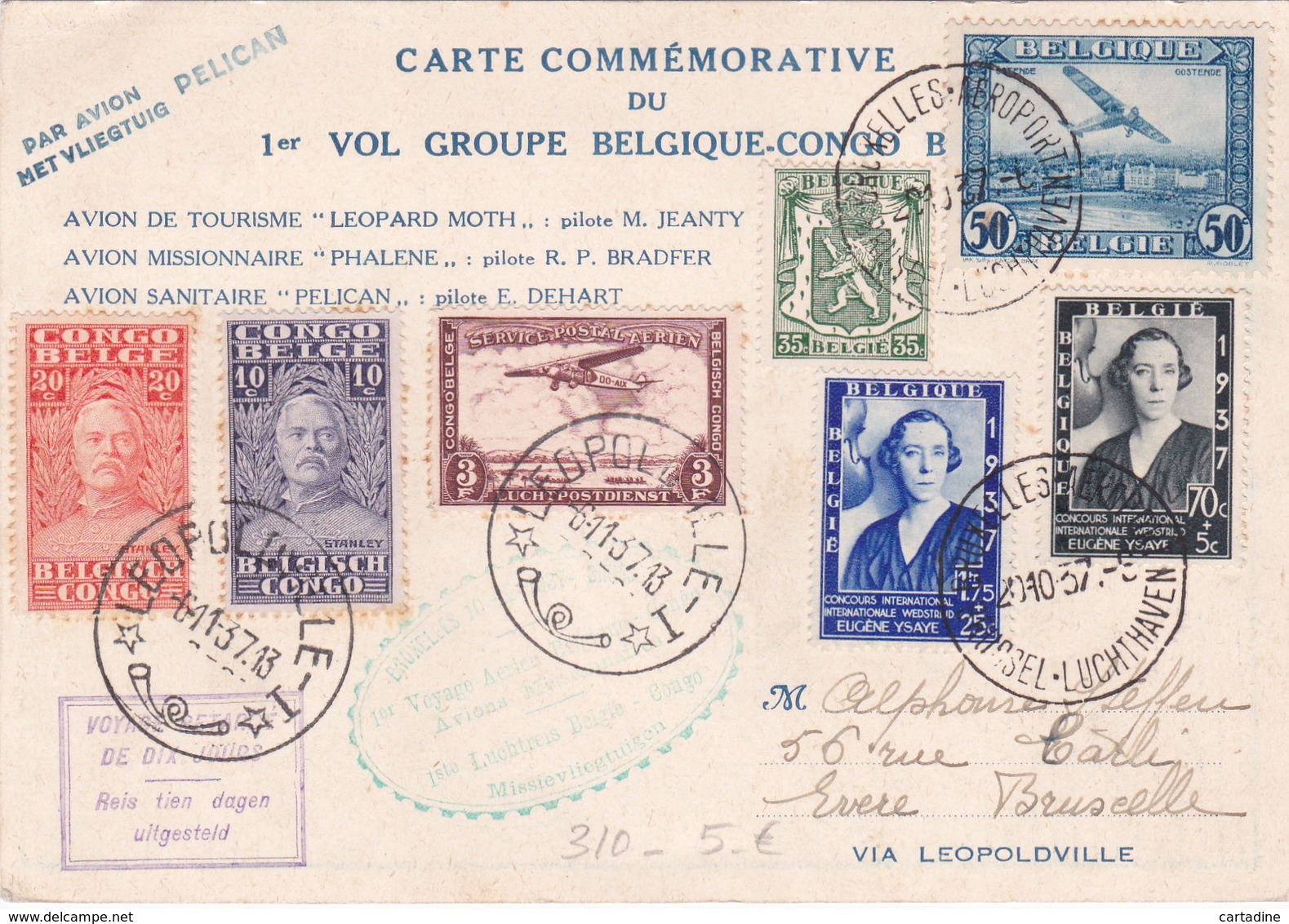 Carte Commémorative Du 1er Vol Belgique-Congo  - Par Avion Pélican - N°310 - Carte Du Vol Au Dos - Oblitérés